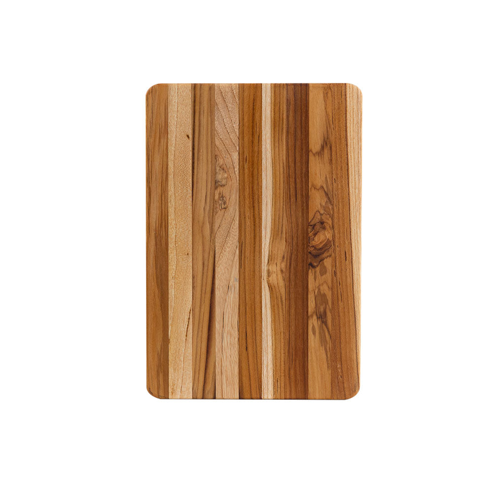 Rectangular teakwood cutting board with a vertical edge grain pattern and warm wood tones on a white background.