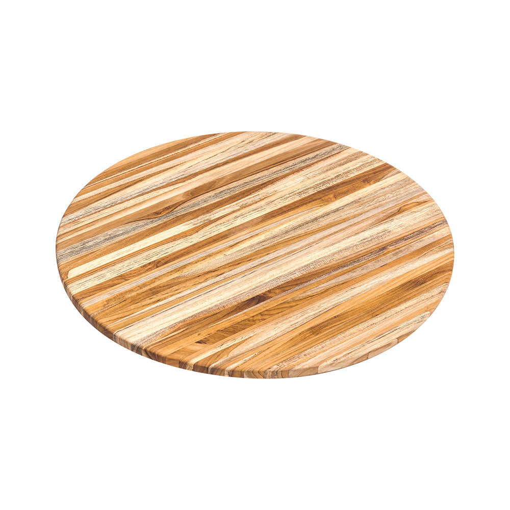 Large 18-inch round teak wood cutting board featuring a natural edge grain pattern for serving or meal prep.