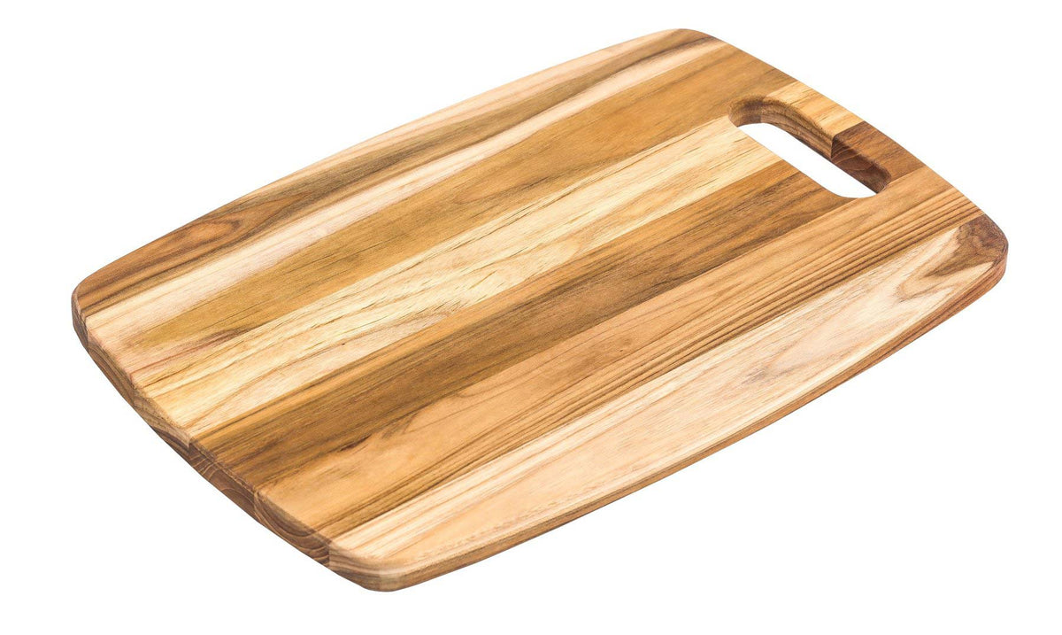 Rectangular edge grain teak wood chopping board featuring a corner hole handle and natural grain patterns.