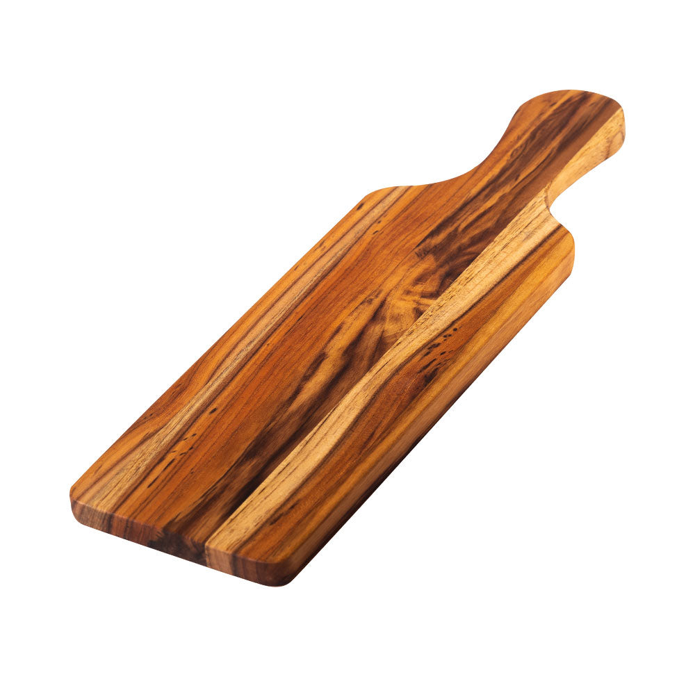 Slim teak wood marine paddle serving board with a distinct edge grain and ergonomic handle.