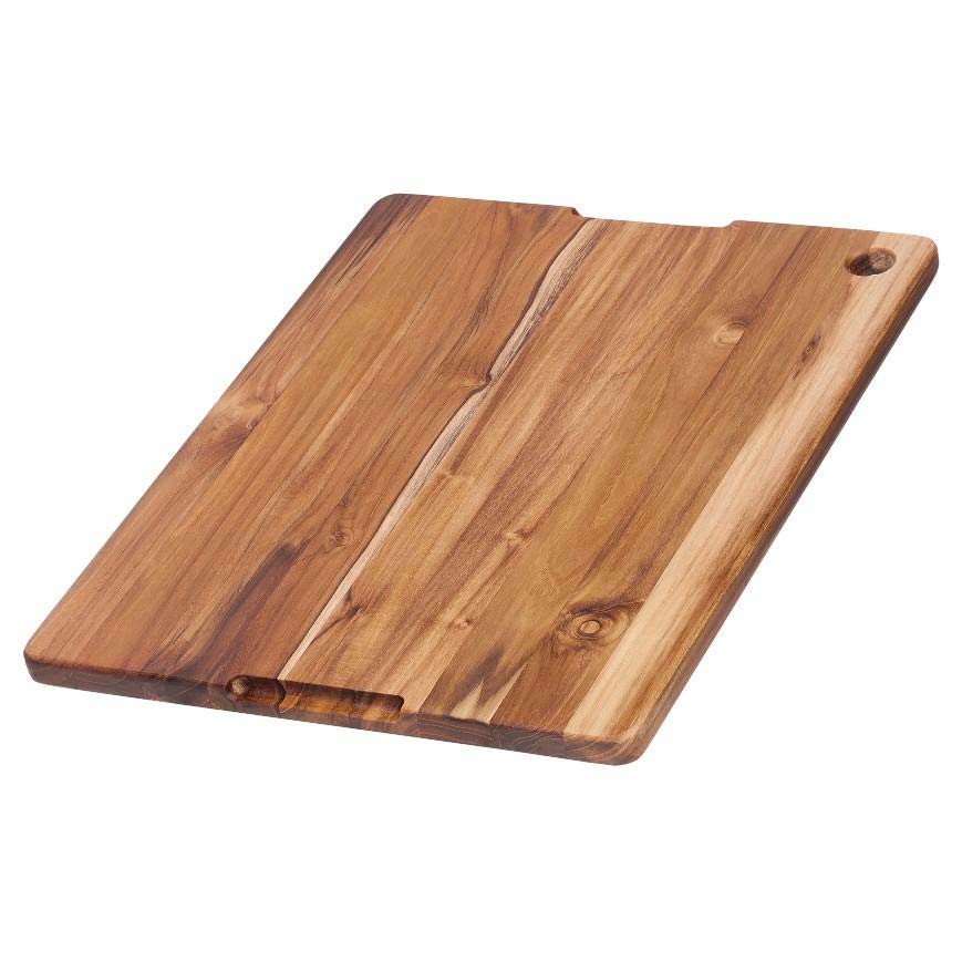 Rectangular teakwood chopping board featuring an edge grain design, juice canal, and a corner hole.