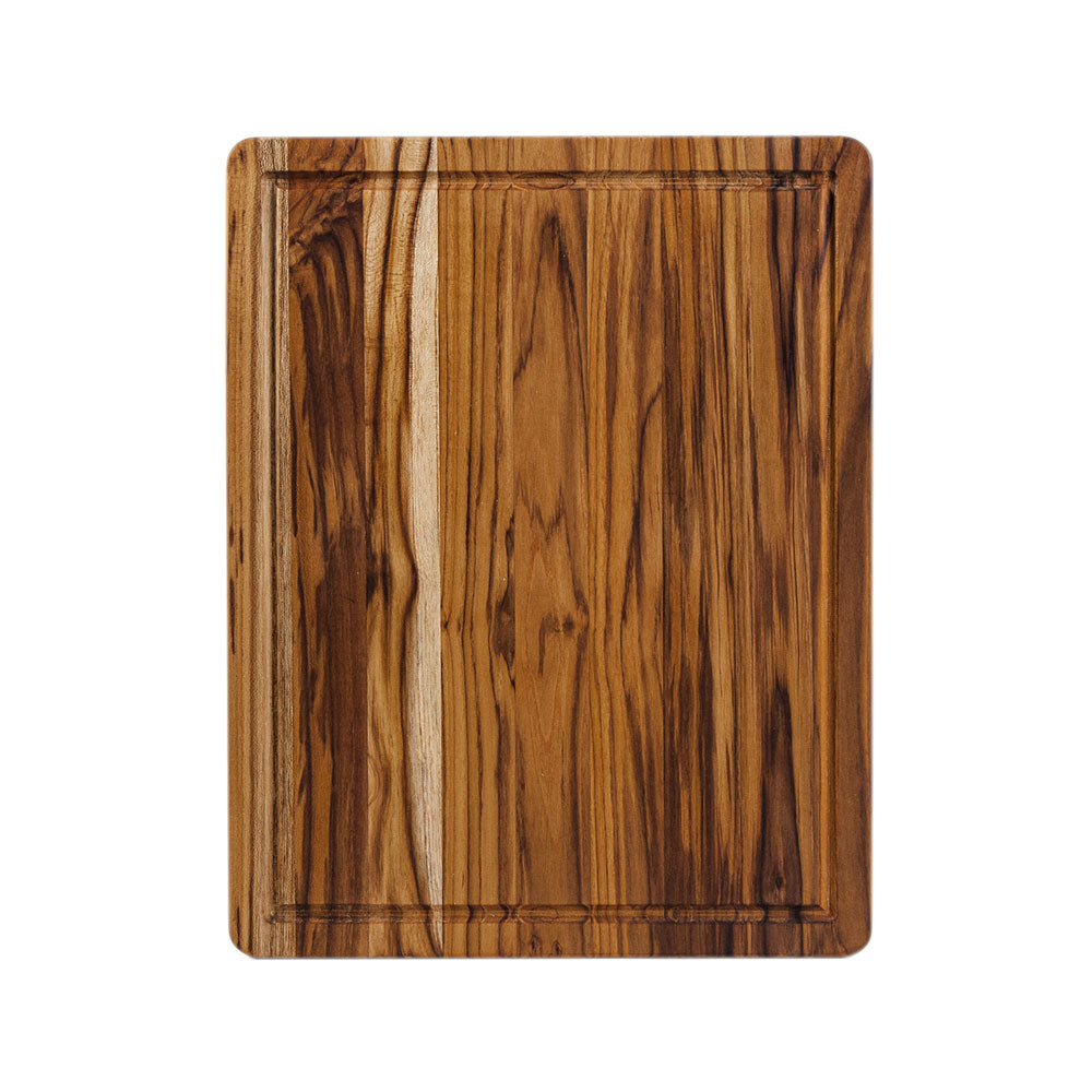 Thin and lightweight teak wood cutting board with an edge grain finish and a perimeter juice canal.