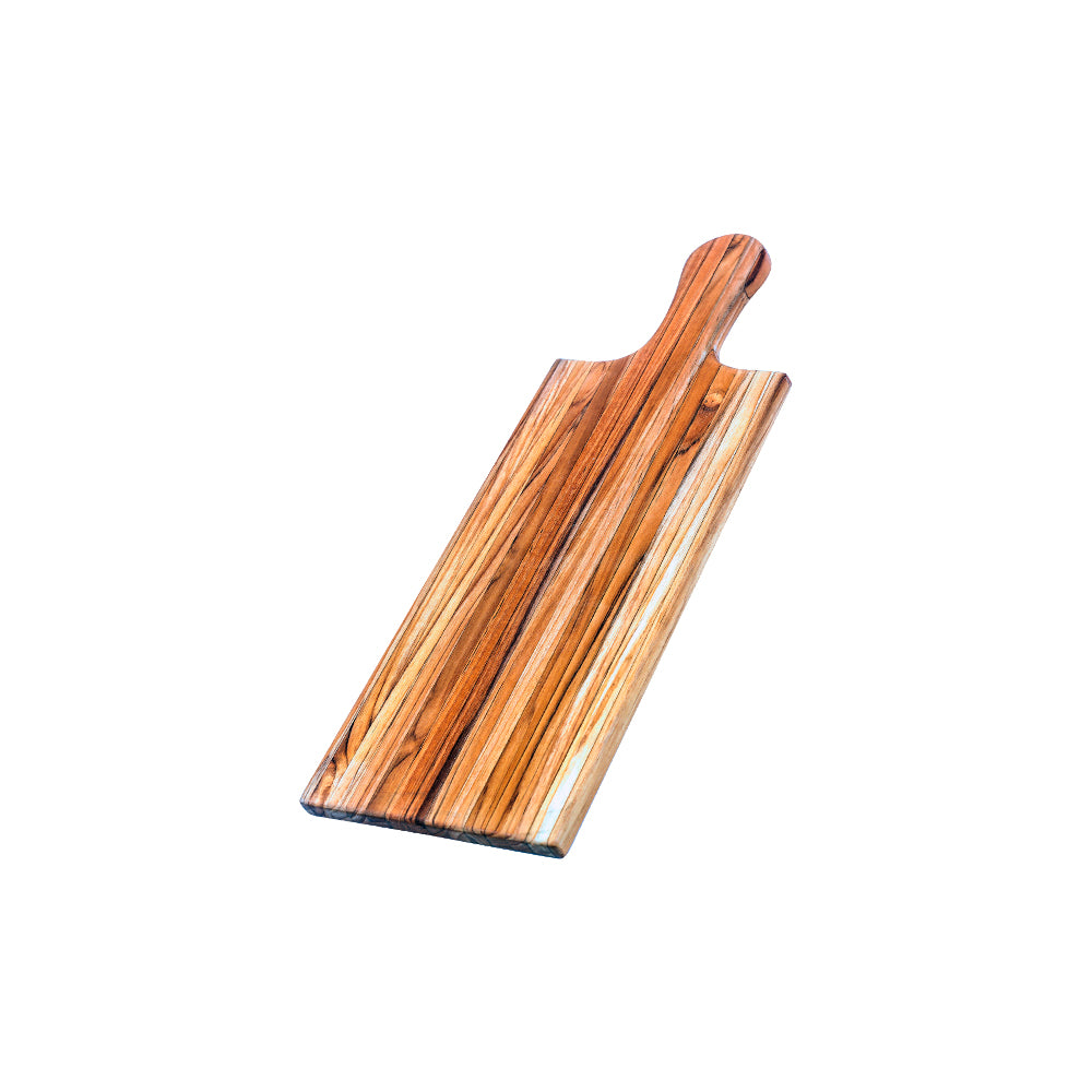 Rectangular sustainable teakwood serving board featuring an integrated handle and natural edge grain patterns.