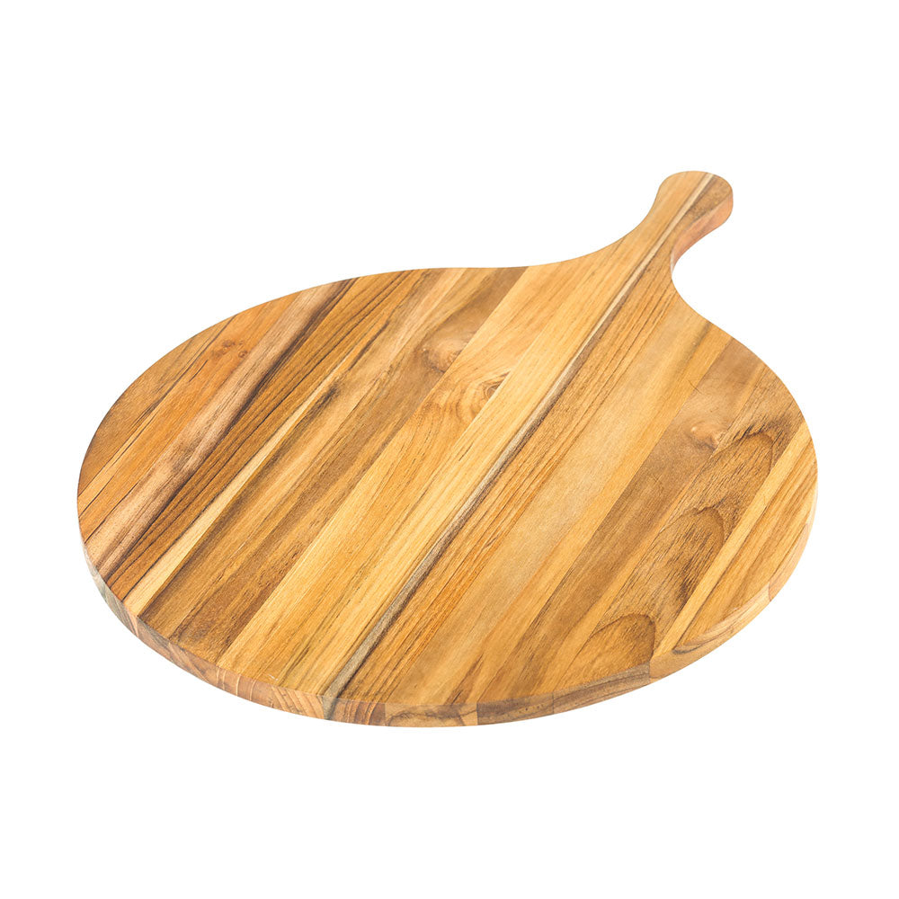 Round teakwood pizza serving board with natural edge grain patterns and a sturdy handle.